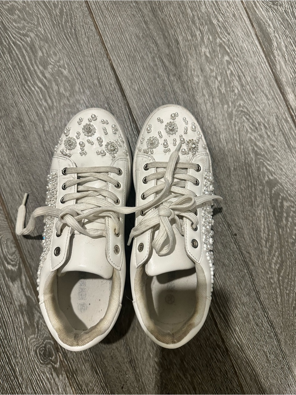 White Embellished Platform Sneakers – Pearl & Rhinestone Detail